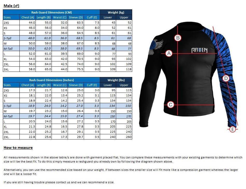 raven fightwear rash guard size chart